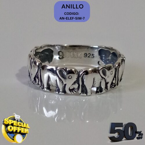 Anillo de plata pura premium con diseño de seis elefantes, joya exclusiva de ROM Quito.