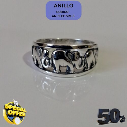 Anillo de plata fina con diseño de tres elefantes, calidad premium de Ecuador.