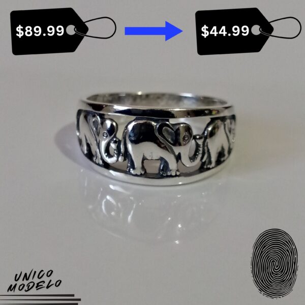 Hermoso anillo de plata con motivo de tres elefantes, diseño exclusivo de Ecuador.
