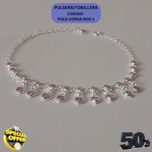 Delicada pulsera de plata 925 con dije de corazón rosa, joyería RomeoJewelet en Quito.