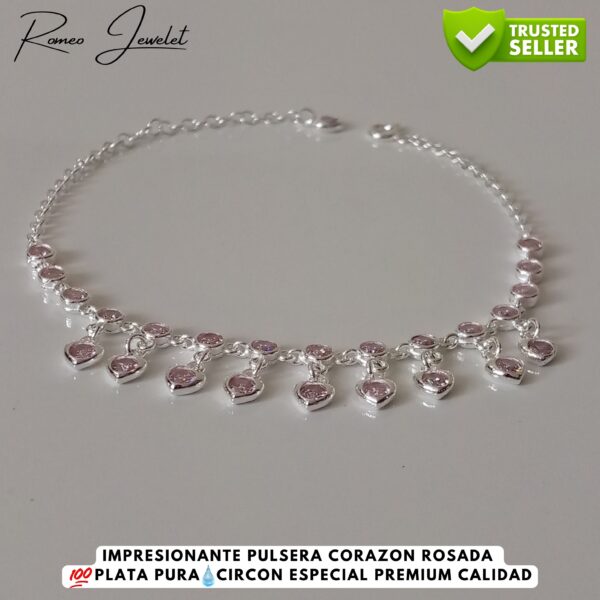 Pulsera de Plata con Corazón Rosado 925 - Quito Pulsera femenina con corazón rosado en plata fina 925, exclusiva de RomeoJewelet.