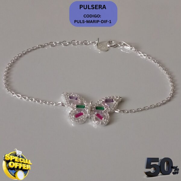 Pulsera Mariposas Multicolor Plata Pura - ROM Quito Pulsera de mariposas multicolor en plata pura con detalles en oro blanco. Una joya original de RomeoJewelet en Quito.