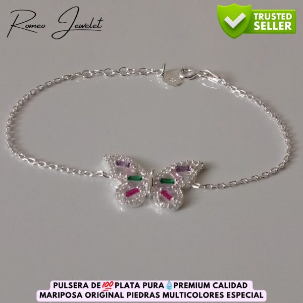 Joya de Plata: Pulsera Mariposas Multicolor - Quito Pulsera de plata pura con mariposas multicolores y detalles en oro blanco. Una pieza única de RomeoJewelet que refleja tu personalidad.