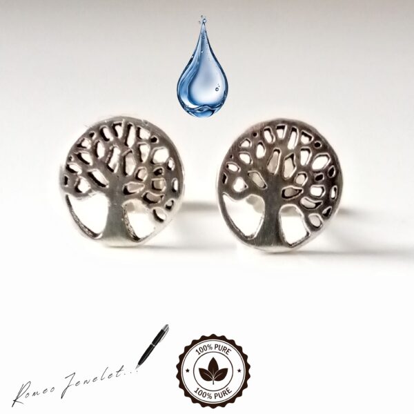 Aretes de Plata Premium Árbol de la Vida por RomeoJewelet Topos de Plata Pura Premium Vista Frontal Árbol de la Vida Firma RomeoJewelet