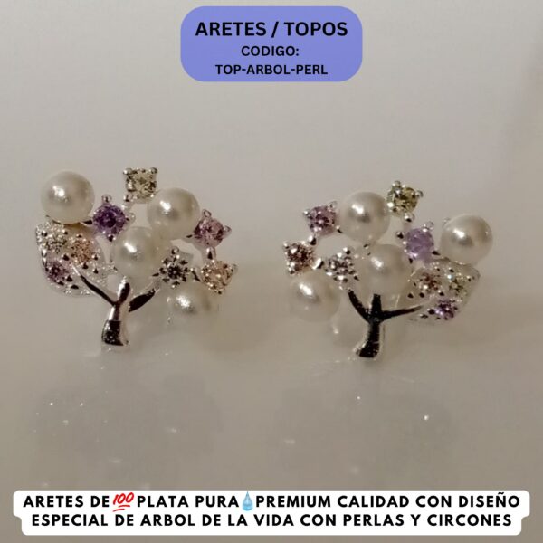 Topos-Plata-Arbol-Vida-Perlas-Circones-3 Pendientes de mujer con forma de árbol decorado con perlas y circones